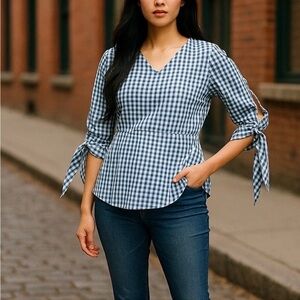 Universal Standard x J. Crew Blue Gingham Tie Sleeve Peplum Top Womens Medium